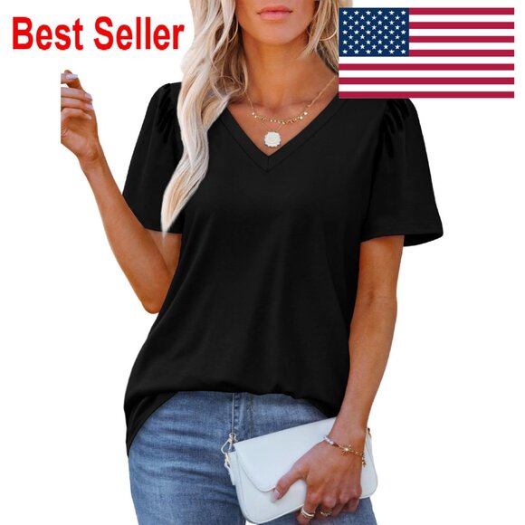 Tops - V-Neck Puff Sleeve Blouse Loose Fit Casual Chic Summer Tops Dressy